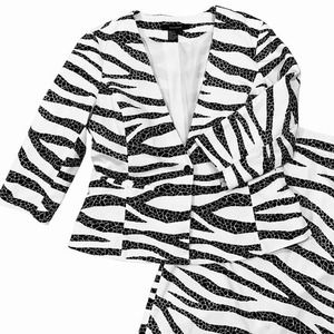 SANDRO Black & White Striped Animal Print Jacket & Skirt Suit Women's Size Large